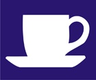 blue sign with white cup and saucer icon