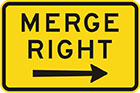 yellow sign with black arrow and text, merge right