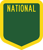 Green shield-shaped sign with the word national in yellow and blank space for a number