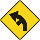 yellow diamond-shaped sign with black arrow that curves steadily left with a line branching off on the inside of the curve