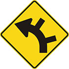 yellow diamond-shaped sign with black arrow that curves steadily left with 2 lines branching off the outside of the curve