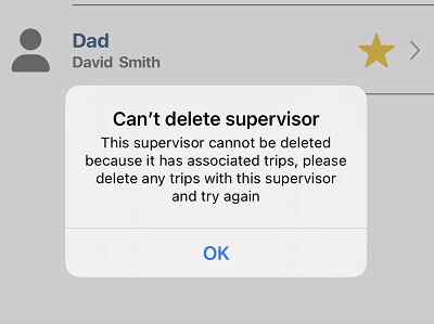 Error shown when deleting a supervisor that's part of a trip