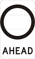 white sign with black circle with space inside for a number, underneath is the word ahead in black