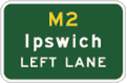 green sign with yellow M2 and white text, Ipswich left lane