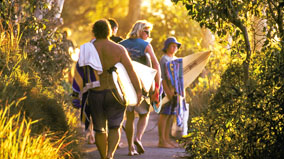 Surfers with surfboards walking along a track.