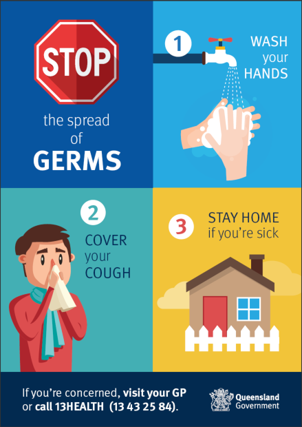 stop the spread of germs poster: wash your hands, cover your cough, stay at home if sick