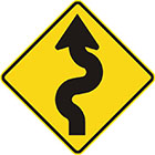 yellow diamond-shaped sign with black arrow with 2 rounded curves in the tail