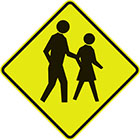 yellow diamond-shaped sign with a black symbol of an adult and child walking