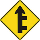 yellow diamond-shaped sign with straight black arrow with 2 branches off the right of the tail