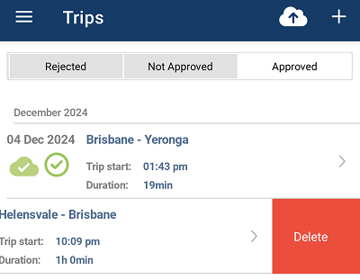 Approved trips list with Delete trip button shown