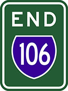 green sign with the word end in white and a blue shield with the number 106