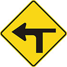 yellow diamond-shaped sign with black arrow that curves sharply left with a thinner line branching to the right