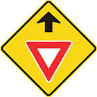 yellow diamond-shaped sign with black arrow and white triangle with thick red border