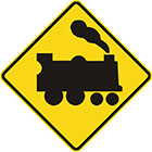 yellow diamond-shaped sign with black train icon