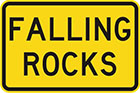 yellow sign with black text, falling rocks