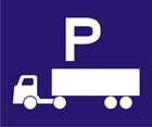 blue sign with white icon of a truck and a large capital P