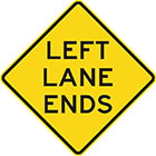 yellow diamond-shaped sign with black text, left lane ends