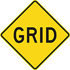 yellow diamond-shaped sign with black text, grid