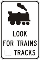 white sign with black train icon and text, look for trains, number of tracks