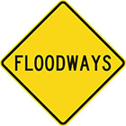 yellow diamond-shaped sign with black text, floodways