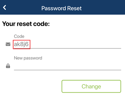 Screen with a code to enter from email to reset password