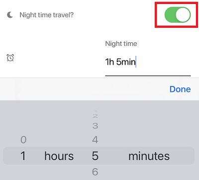 Add trip screen with the night time travel option highlighted and activated