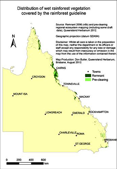 Map showing the distribution of pre-clearing and remnant wet rainforest in Queensland.