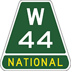 Green trapezoid-shaped sign with white text W 44 and the word national in yellow