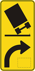 yellow sign with black icon of the rear of a truck leaning to one side with an arrow showing the direction and shape of the turn