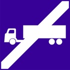 blue sign with white icon of a truck with a line diagonally crossing it out