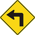 yellow diamond-shaped sign with black arrow that bends to the left at a right angle