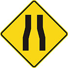 yellow diamond-shaped sign with 2 parallel black lines that veer closer together