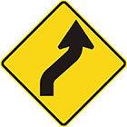 yellow diamond-shaped sign with black arrow with tail kinked about 45 degrees right then left