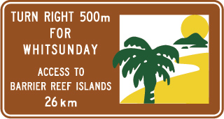 brown sign with text about access to the Barrier Reef islands and a green, white and yellow icon representing islands