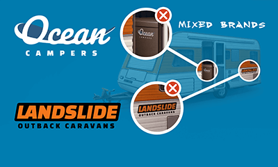 Correct and incorrect examples of branding displayed on a caravan