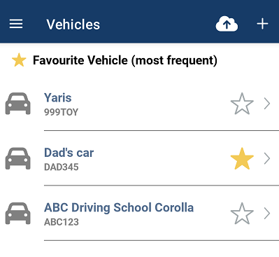 Vehicle screenshot showing 3 vehicles and one added as a favourite