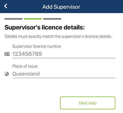 Second screen of Add supervisor process - add licence details