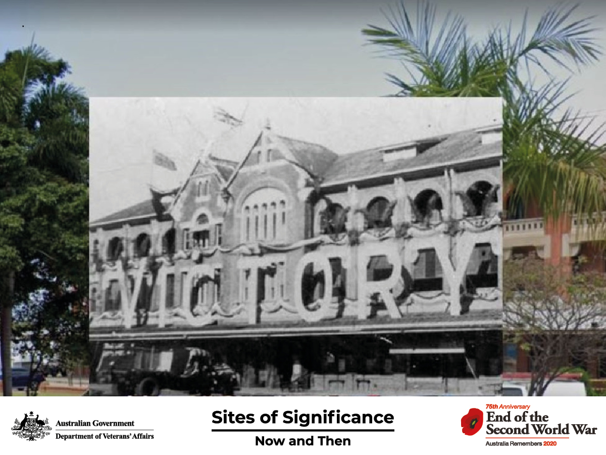 The Townsville Railway Station decorated to celebrate the end of the Second World War in 1945.