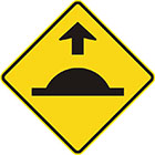 yellow diamond-shaped sign with black arrow and a horizontal line with a semi-circular bump on top