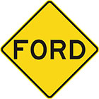 yellow diamond-shaped sign with black text, ford