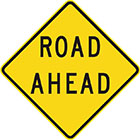 yellow diamond-shaped sign with black text, road ahead