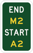 green sign with the words end and start in white and M2 and A2 in yellow