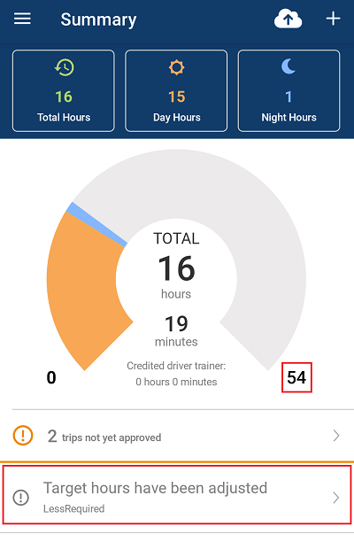 Summary screen with changed hours and changed hours message highlighted