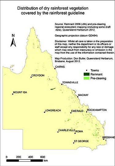 Map showing the distribution of pre-clearing and remnant dry rainforest in Queensland.