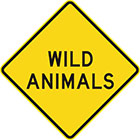 yellow diamond-shaped sign with black text, wild animals