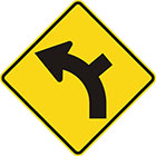 yellow diamond-shaped sign with black arrow that curves steadily left with a line branching off on the outside of the curve