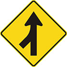 yellow diamond-shaped sign with black arrow pointing upward with a brach joining the tail from the bottom-left