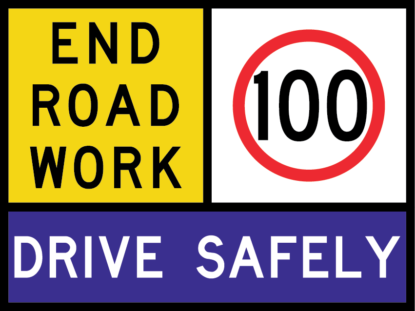A end roadwork sign, with a speed limit of 100km/hr