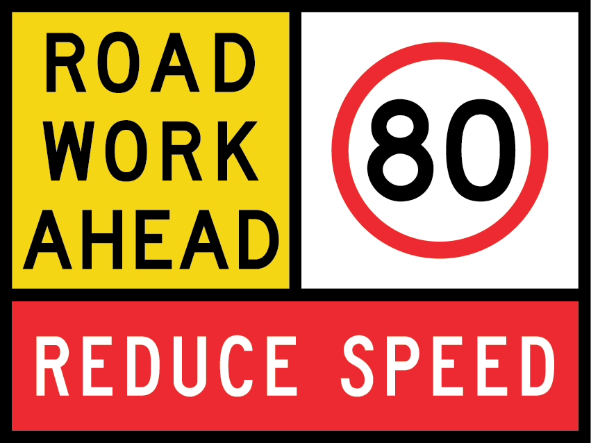 A roadworks warning sign, advising motorists to reduce their speed to 80km/hr