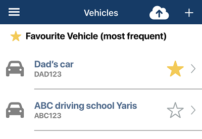 List of vehicles added to the app